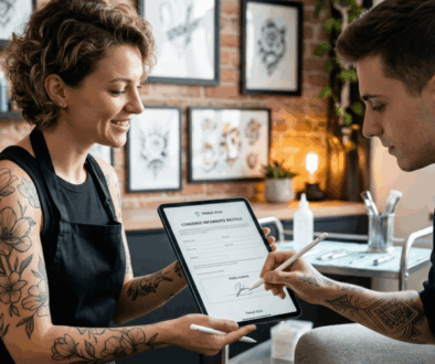 tatuatore che fa firmare il consenso informato su tablet al cliente