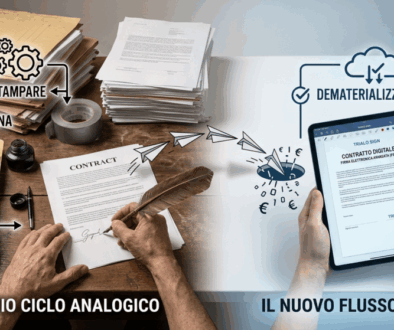 Impiegato d'ufficio che gestisce un flusso documentale cartaceo e faldoni