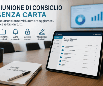 Riunione di Consiglio senza carta con documenti digitali condivisi su tablet, alert automatici, accessi riservati e firma digitale.