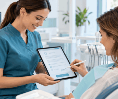 Paziente che firma il consenso informato digitale su iPad in uno studio odontoiatrico